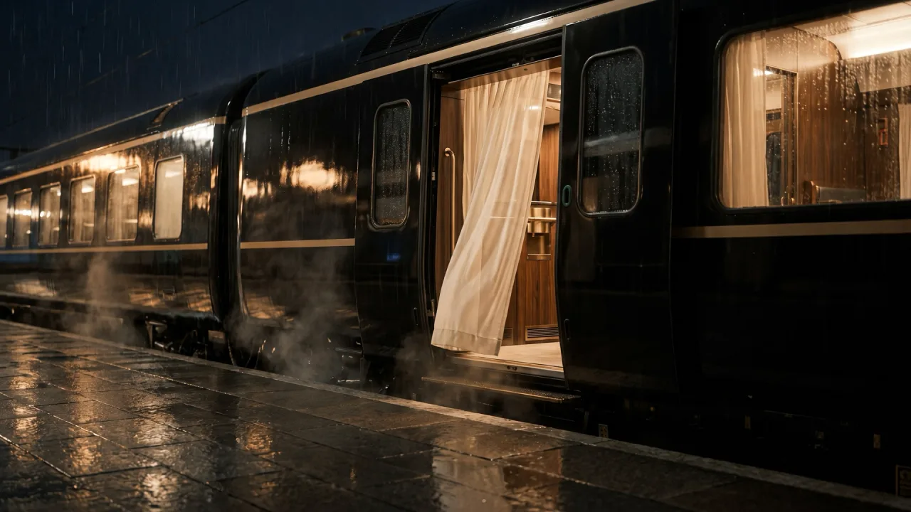 Schwarzer Luxuszug auf einem regennassen Bahnsteig bei Nacht