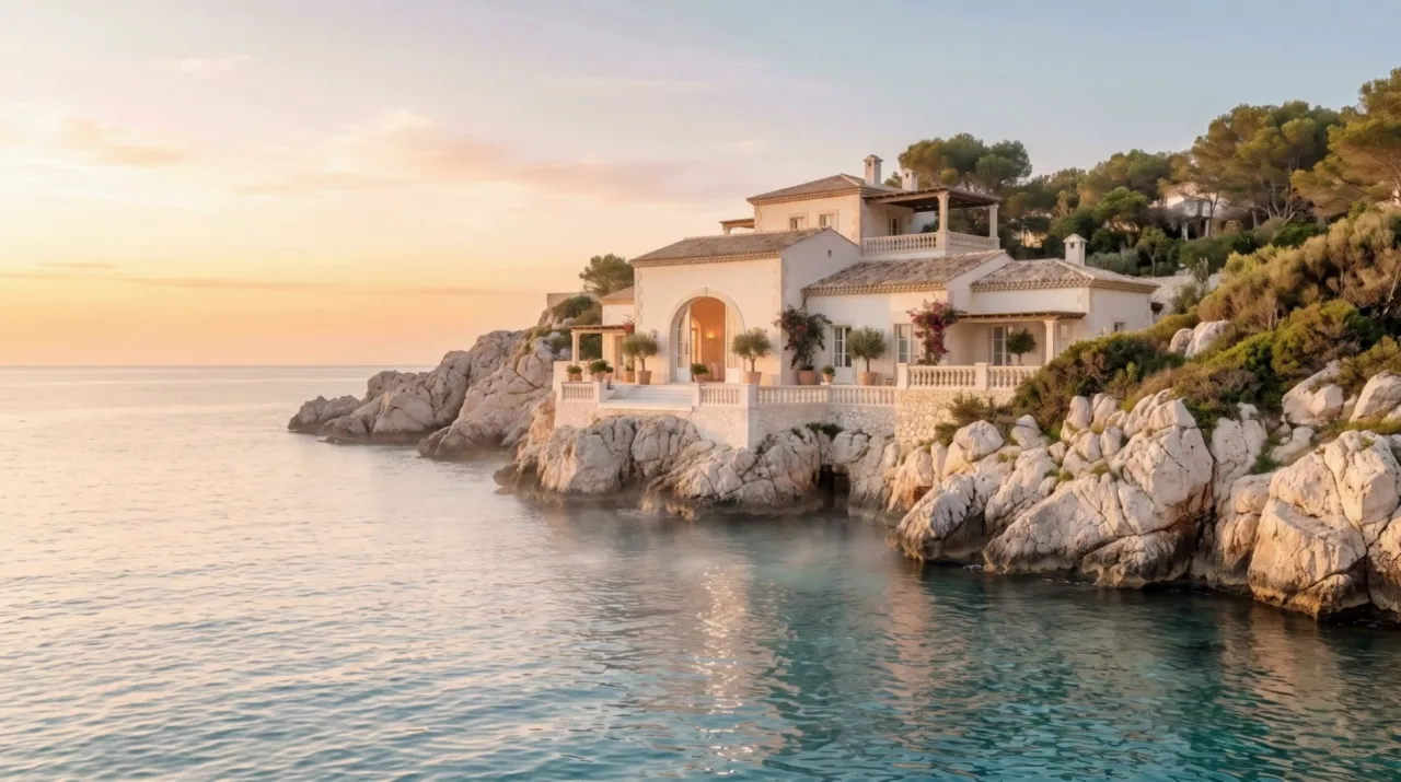 Sonnenhelle Mittelmeervilla über einer ruhigen türkisfarbenen Bucht