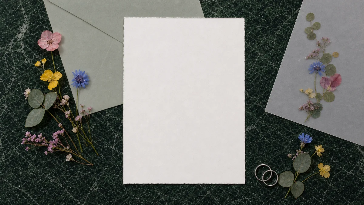 Botanische Hochzeitspapeterie mit Platinringen auf regennassem grünem Stein