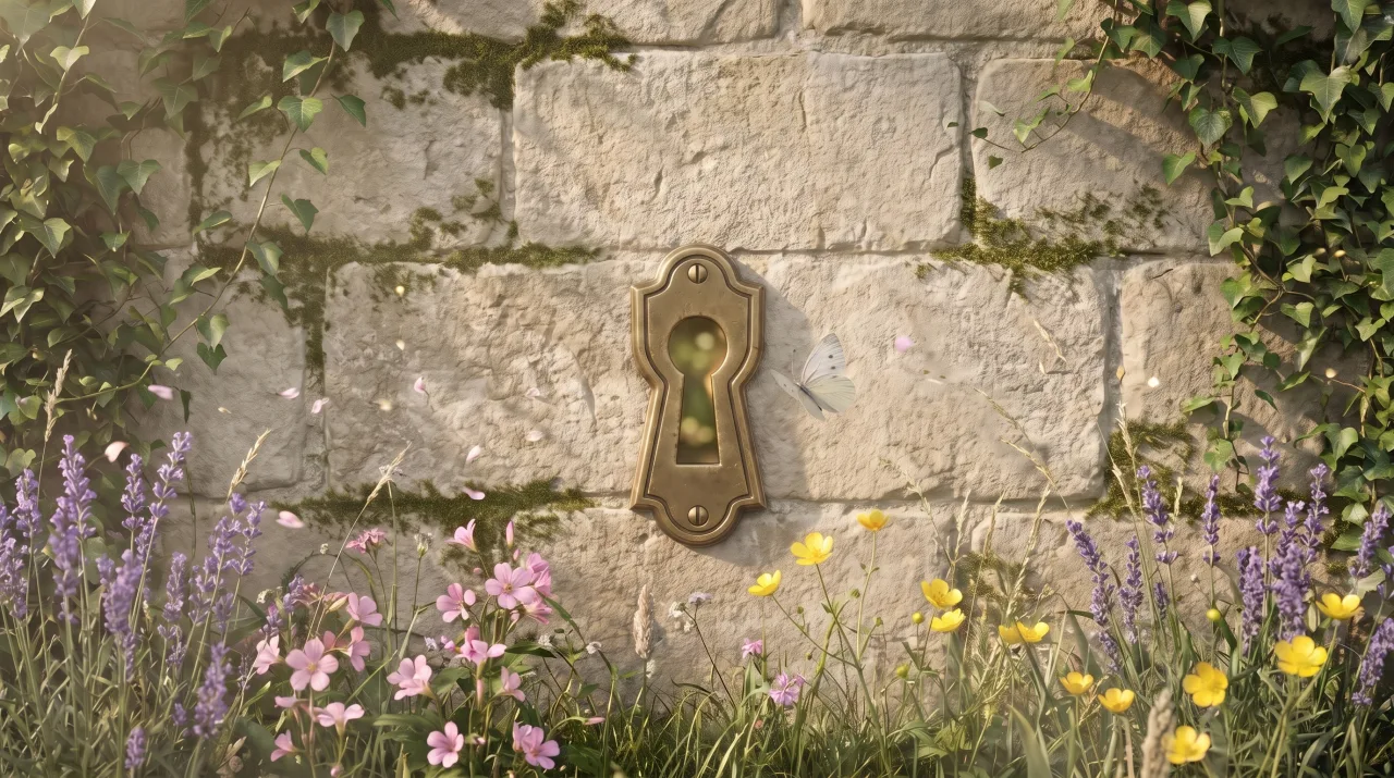 Steinerne Gartenmauer mit Messingschlüsselloch zwischen zarten Wildblumen